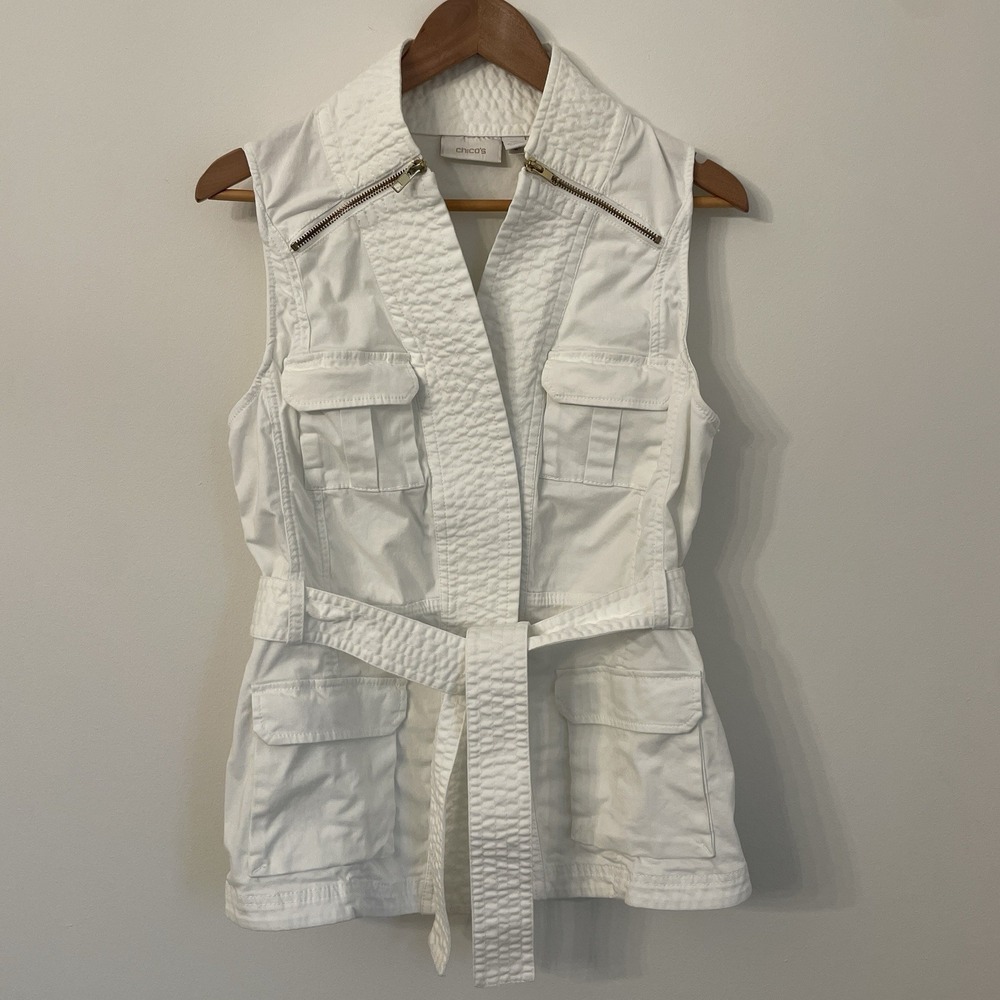 Chico's White Quilted Utility Safari Vest Size 1‎ M Full Zip Belted Cargo Pocket